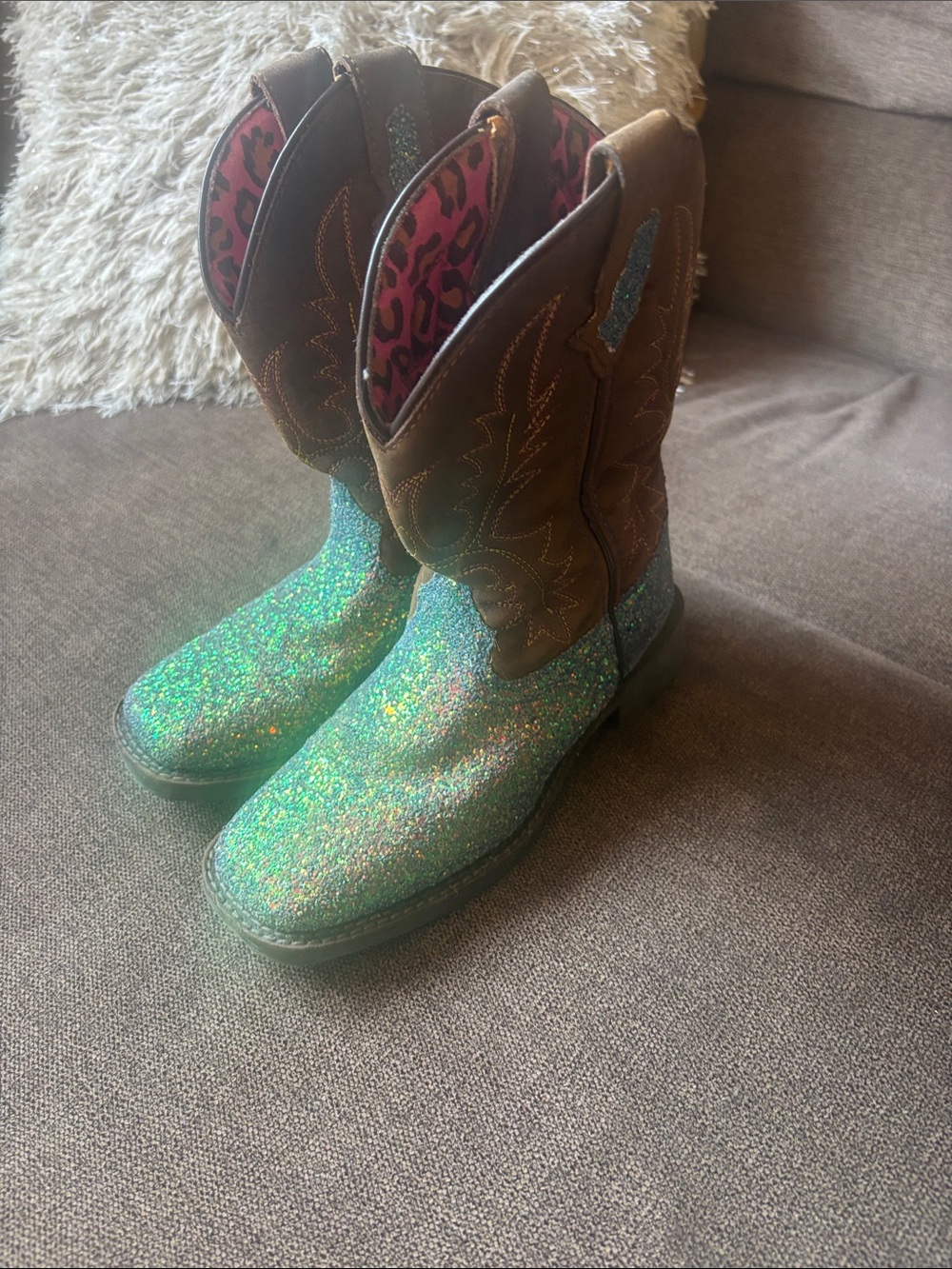 Girls Brown Cowboy Boots with Green Glitter Toe and Pink Leopard Lining